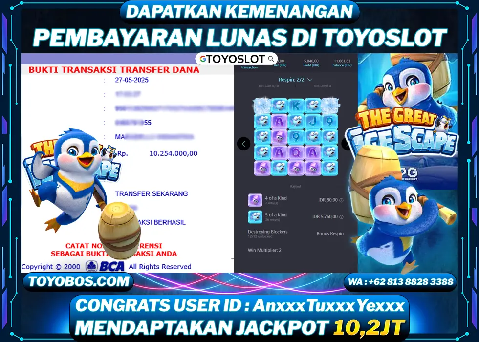 TOYOSLOT - BUKTI KEMENANGAN JACKPOT The Great IceScape Rp10,254,000,- LUNAS