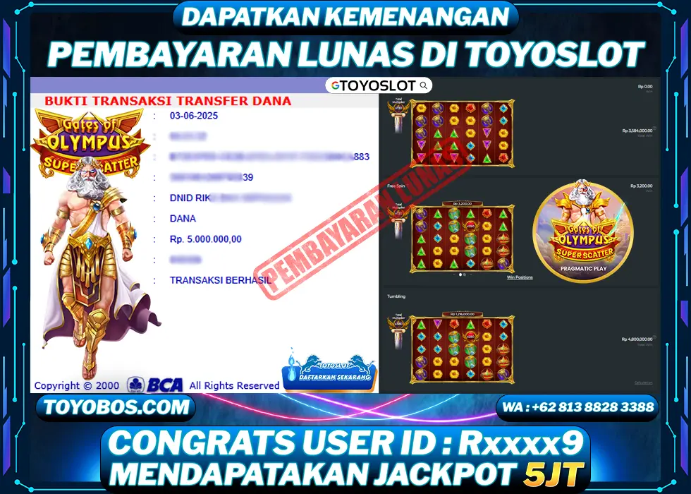 TOYOSLOT - BUKTI KEMENANGAN Gates of Olympus Super Scatter Rp5,000,000,- LUNAS