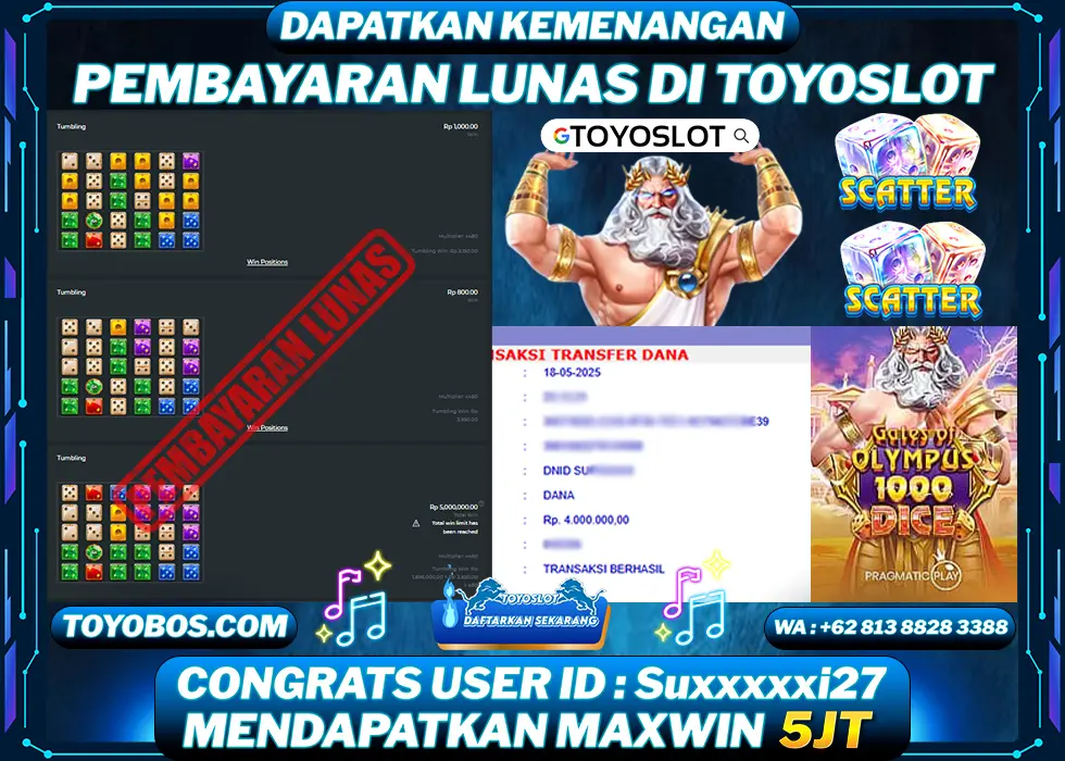 TOYOSLOT - BUKTI KEMENANGAN JACKPOT Gates of Olympus Dice Dice Rp4,000,000,- LUNAS