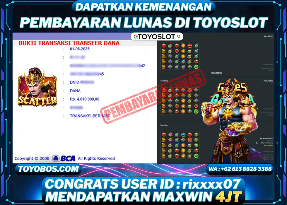 TOYOSLOT - BUKTI KEMENANGAN Gates Of GatotKaca 1000 Rp4,010,000,- LUNAS